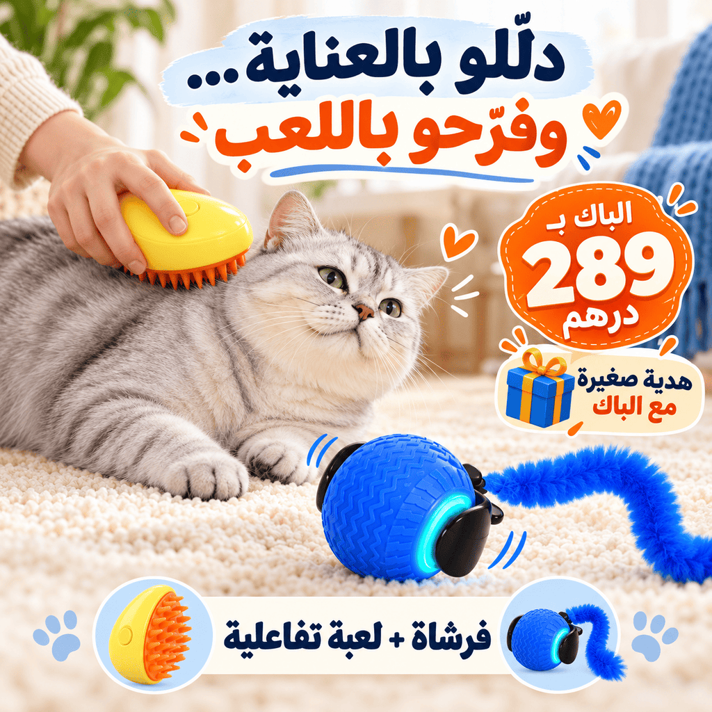 باك سعادة قطك: فرشاة رذاذ بخاري ولعبة تفاعلية وهدية صغيرة.